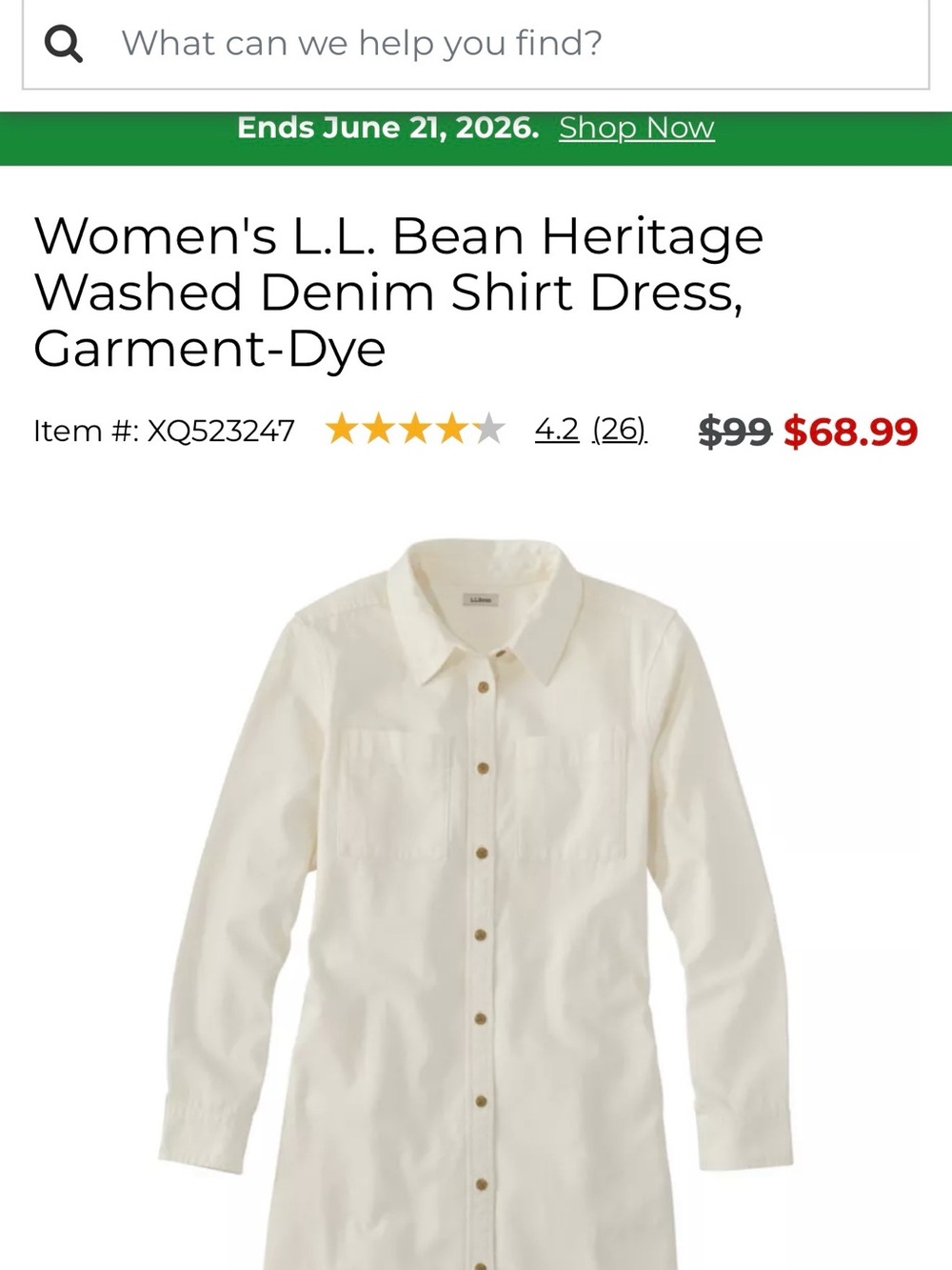 L.L. Bean | Women’s Heritage Washed Denim Shirt Dress | corduroy texture | NWOT